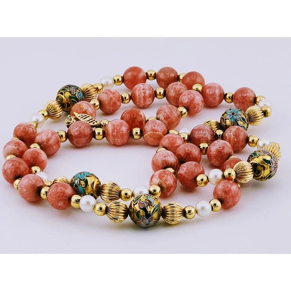 Vintage 14k Gold Rhodochrosite Pearl Cloisonne Bead Necklace Estate 585 Stamped